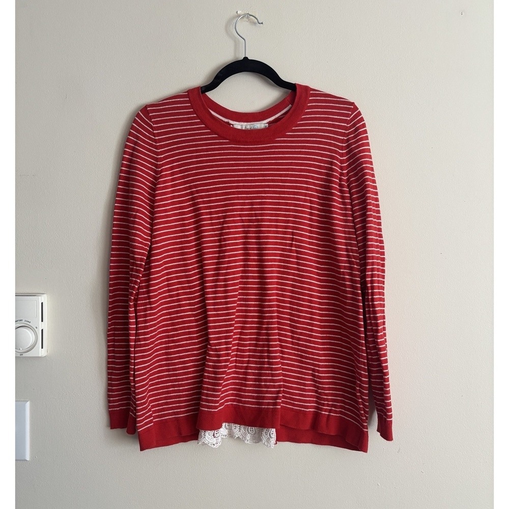 Boden‎ Medium Striped Knit Top Red White Lace Preppy Cute Office Cotton